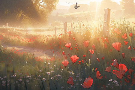 Poppies in a meadow at sunrise, retro tonedの素材