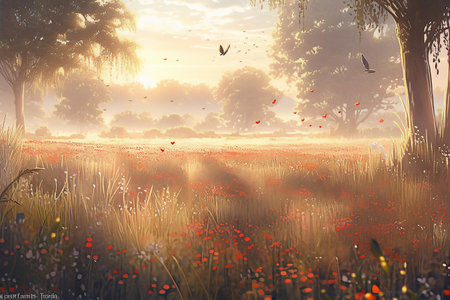 Digital painting of a field with poppies and birds at sunriseの素材