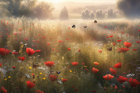 Beautiful meadow with red poppies and butterflies at sunriseの素材