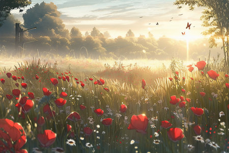 Beautiful meadow with poppies in the morning fog.の素材