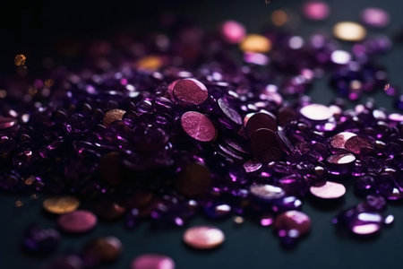 Purple sequins on a black background. Selective focus.の素材