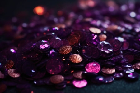 Purple sequins on a black background. Shallow depth of fieldの素材