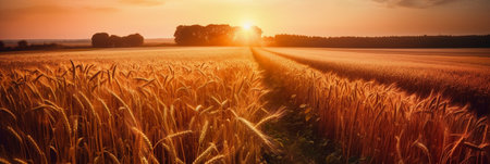 Sunset over golden wheat field. Panoramic view. Rural landscape.の素材
