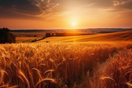 Sunset over wheat field. Beautiful summer landscape. Rural scene.の素材