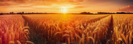 Sunset over wheat field. Panoramic view. Nature composition.の素材
