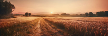 Panoramic view of the rural road through the wheat field at sunsetの素材