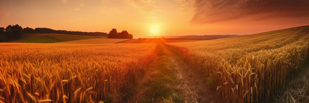 Sunset over a field of wheat. Panoramic images.の素材