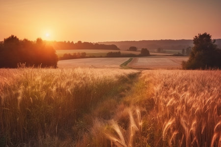 Sunset over the wheat field. Beautiful summer landscape. Rural scene.の素材