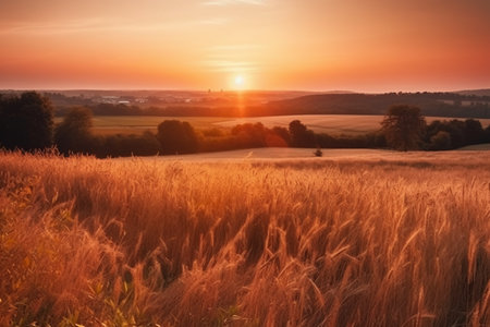 Sunset over wheat field in countryside. Beautiful landscape with sunrise.の素材
