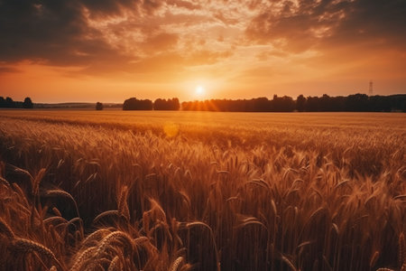 Sunset over wheat field. Beautiful summer landscape. Rural scene.の素材