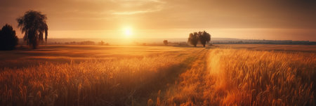 Sunset or sunrise over an agricultural field with ears of golden rye and a path through itの素材