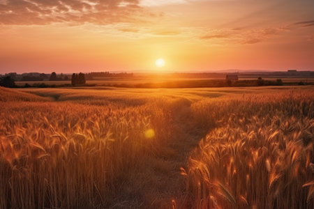 Sunset over wheat field in Poland. Beautiful summer landscape with sunrise.の素材