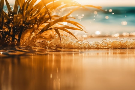 Tropical sand beach with palm tree and sun light bokehの素材