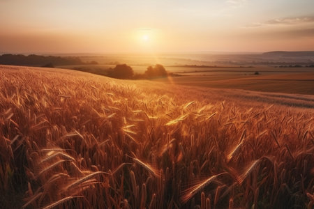 Sunset over wheat field in the countryside. Beautiful summer landscape.の素材