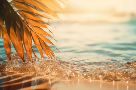 Palm leaf on the beach with sea wave and sunset background.の素材