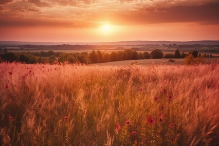 Beautiful sunset over a field of wild flowers. Toned.の素材