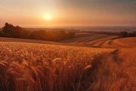 Sunset over wheat field in the countryside. Beautiful nature landscape.の素材