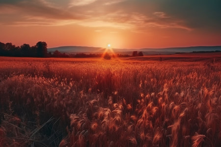 Beautiful sunset over wheat field. Nature composition. Vintage style.の素材