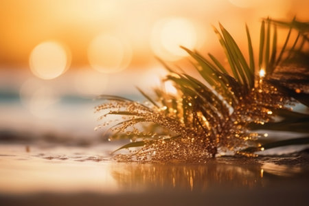 Palm leaf on the beach at sunset. Beautiful tropical background.の素材