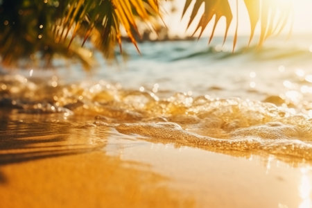 Tropical beach with palm tree and sea wave close-upの素材