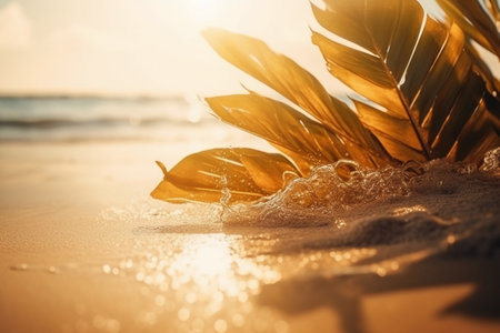 Tropical beach with palm leaf on sand and sun flare.の素材