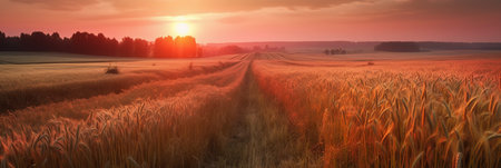 Sunset over wheat field. Panoramic view of agricultural landscape.の素材