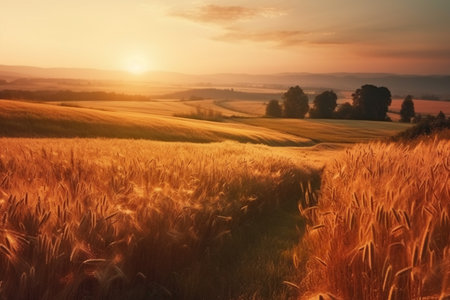 Sunset over wheat field. Beautiful summer landscape. Rural scene.の素材