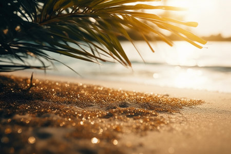 Palm leaf and sand on the beach at sunset. Selective focus.の素材