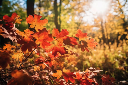 Autumn leaves on the background of the sun in the forest.の素材