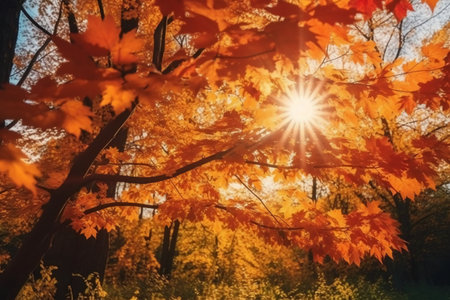 Beautiful autumn landscape with sun shining through the branches of a treeの素材