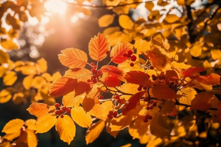 Colorful autumn leaves on the branches of a tree in the sunlight.の素材