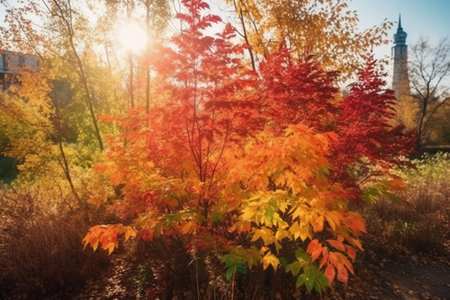 Autumn landscape with red maple leaves in the city park. Beautiful nature backgroundの素材