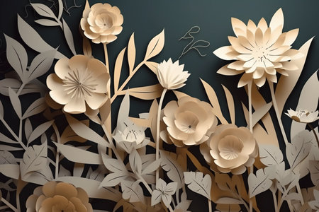 3d illustration of floral background with paper cut flowers and leaves.の素材