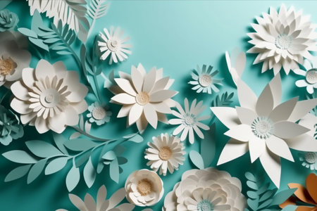 Paper flowers on a turquoise background. Paper cut flowers. Floral backgroundの素材