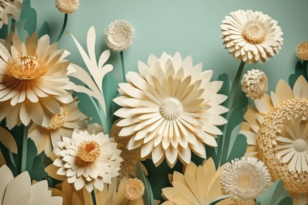 Beautiful paper flowers on green background. Flat lay, top viewの素材