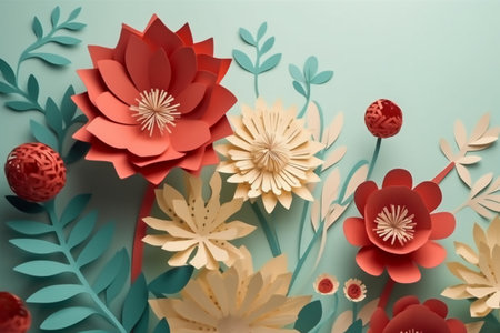 Paper cut flowers on blue background. 3d rendering, 3d illustration.の素材