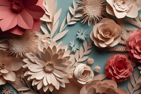 Paper flowers and leaves on blue background. Flat lay, top viewの素材