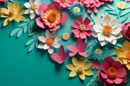 Paper flowers on green background, top view. Colorful paper flowersの素材