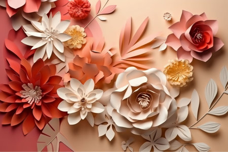 Paper flowers background. 3d render, 3d illustration. Paper craft.の素材
