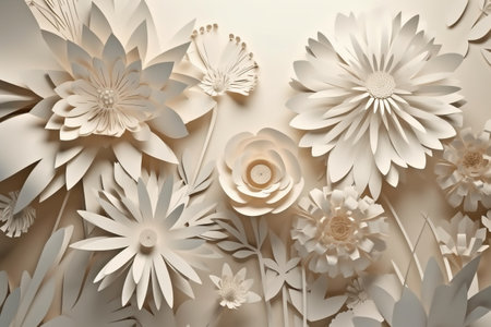 3d illustration of white paper flowers on beige background with shadowsの素材