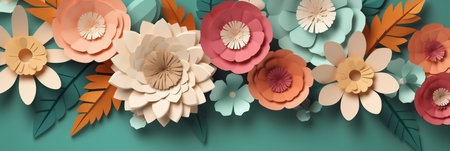 Paper flowers with leaves on green background, 3d rendering. Computer digital drawing.の素材