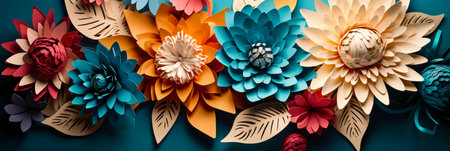 Colorful paper flowers on a blue background. 3d rendering.の素材