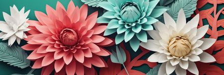 3d rendering of colorful dahlia flowers in paper cut styleの素材