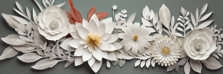 White paper flowers and leaves on gray background. 3d illustration.の素材