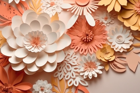 Paper flowers background. Paper cut flowers. Colorful paper flowers. Paper craft.の素材