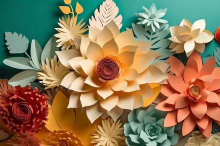 Paper flowers made of paper. Papercraft background. 3D renderingの素材