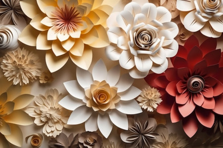 Paper flowers made of paper. Colorful paper flowers. Floral background.の素材