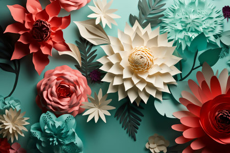 Paper flowers on turquoise background. 3d rendering, 3d illustration.の素材