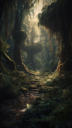 Foggy rainforest with a stream flowing through the forest.の素材
