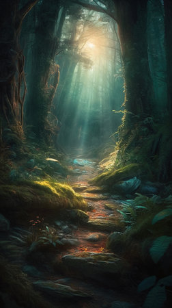 Mysterious dark forest with fog and rays of light. Fantasy landscapeの素材